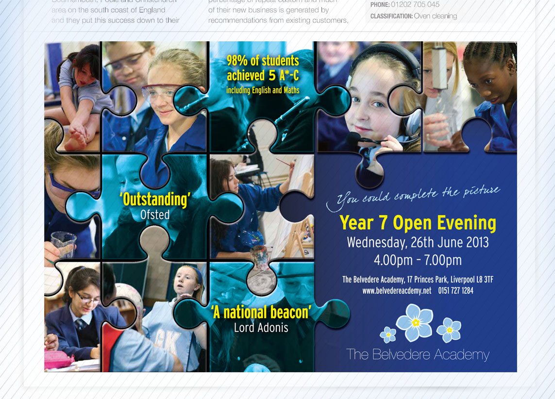 Year 7 Open Evening advert design for The Belvedere Academy
